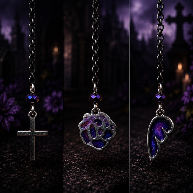 Symboles Mystiques Noctilith | Collection Les Sœurs de la Nuit Collage des symboles mystiques des boucles d’oreilles Noctilith de la collection Les Sœurs de la Nuit, suspendus à des chaînes noires dans un décor de cimetière gothique éclairé à la bougie.