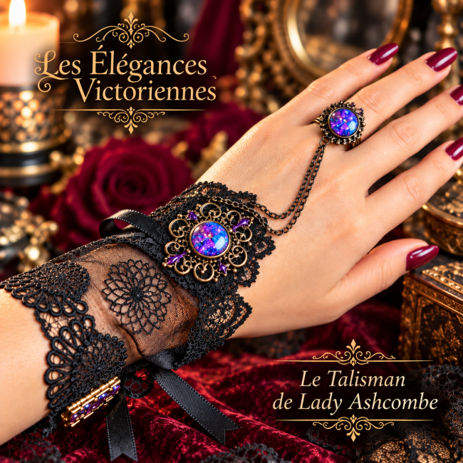 Manchette victorienne Le Talisman de Lady Ashcombe en guipure noire, dentelle et laiton vieilli avec bague reliée par trois chaînes