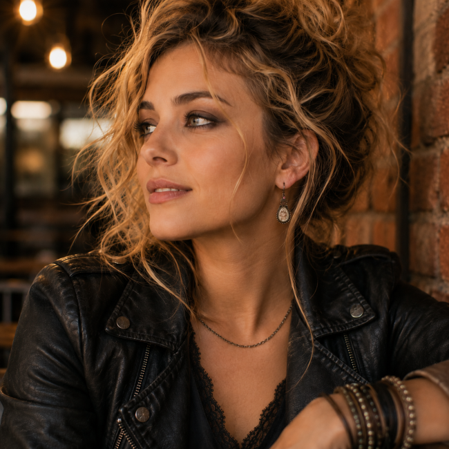 Les Souvenirs d'Éléonore portées – Style rock chic Jeune femme portant les boucles d'oreilles Les Souvenirs d'Éléonore de style steampunk vintage