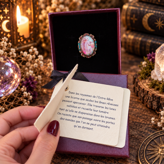 Écrin de la bague La Licorne des Lunes Perdues avec sa carte légendaire