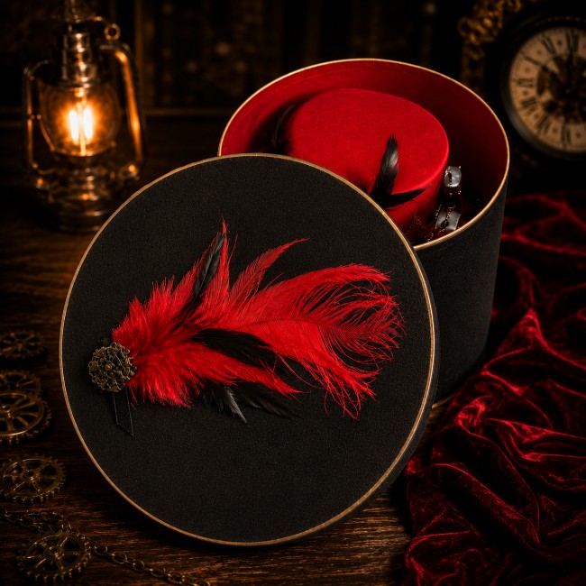 Boîte de présentation steampunk gothique – Chapeau Dr Jekyll artisanal Découvrez l’univers du chapeau steampunk Dr Jekyll présenté dans sa boîte luxueuse ornée de plumes rouges et noires. Une création artisanale gothique immersive inspirée de l’esthétique victorienne et de la haute fantasmagorie.
