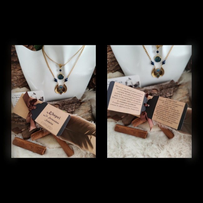 Collier Khépri Le Cycle Éternel – Série numérotée artisanale Collier Khépri Le Cycle Éternel présenté sur buste blanc avec écrin personnalisé, carte d’identification numérotée et carte de lithothérapie dans un décor naturel