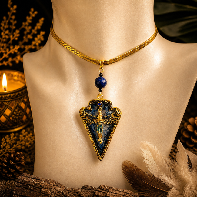 Découvrez le collier Isis « Souffle du Ciel », une création inspirée de l’Égypte antique associant lapis-lazuli, pendentif bleu nuit et or translucide dans un univers mystique et raffiné.