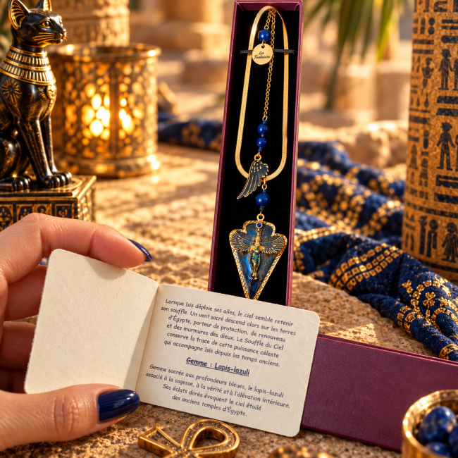 Carte du collier Le Souffle du Ciel présentant son histoire et le lapis-lazuli, dans un décor immersif inspiré de la mythologie égyptienne.