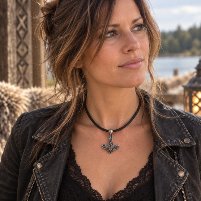Collier viking femme Le Regard de Muninn – Création artisanale Femme portant le collier viking Le Regard de Muninn, bijou artisanal inspiré de la mythologie nordique