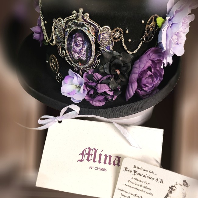 Chapeau Mina pièce unique – Création numérotée et artisanale Chapeau steampunk Mina avec carte d’identification numérotée et carte de visite, pièce unique artisanale