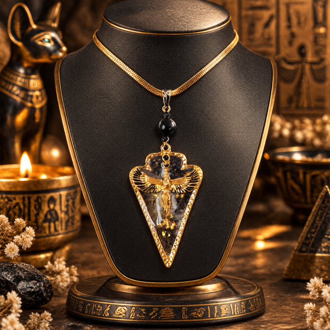 Collier Le Voile du Mystère de la Collection Isis présenté sur un buste noir dans un décor inspiré de l’Égypte ancienne
