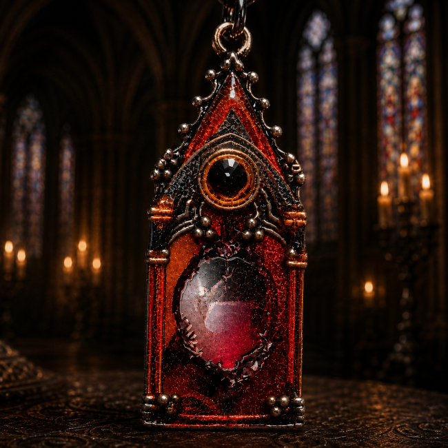 pendentif gothique Calvéraëlle pierre rouge noir style cathedrale jpg Reliquaire gothique Calvéraëlle avec pierre rouge sombre et détails architecturaux inspirés des cathédrales anciennes.