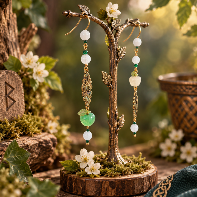 Le Jardin d’Idunn – Boucles d’oreilles artisanales mythologie nordique Paire de boucles d’oreilles Le Jardin d’Idunn avec pierre de lune, perles vertes, pomme verte et ornements dorés émaillés.