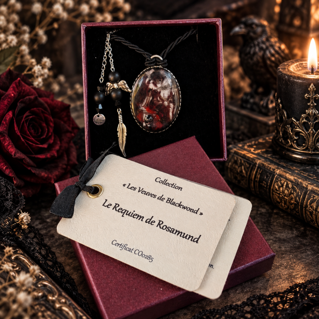 Collier gothique artisanal Le Requiem de Rosamund présenté dans son écrin avec médaillon, onyx et cordon noir.