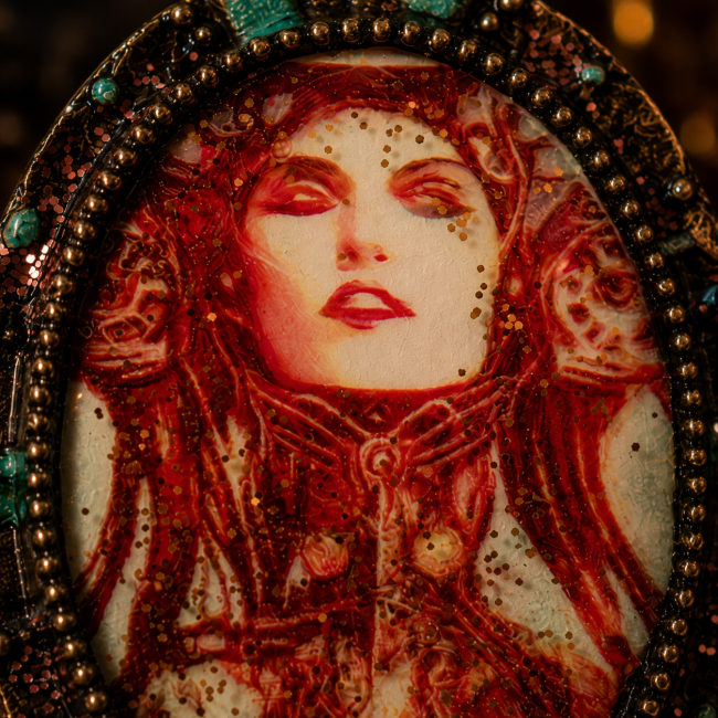 Détail du cabochon de La Prêtresse Écarlate, mettant en valeur le portrait de la prêtresse mystique, les nuances orangées et les touches turquoise du travail artisanal.
