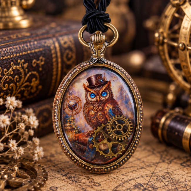Gros plan sur la face Chouette du médaillon réversible Le Gardien des Archives. La chouette aux yeux bleus est entourée de détails mécaniques et d'engrenages évoquant l'univers steampunk et les archives mystérieuses.