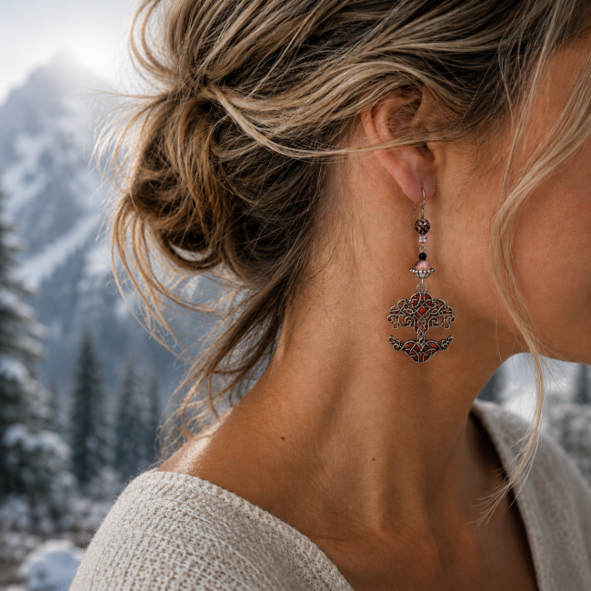 Boucles d'oreilles La Rosée de Heiðrún portées – Bijou nordique en rhodonite Mise en situation des boucles d'oreilles La Rosée de Heiðrún portées. Arbre de Vie celtique émaillé à la main, perles de rhodonite et élégance inspirée des légendes du Valhalla.