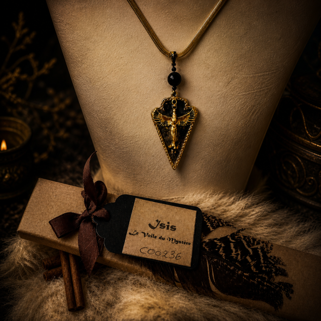 Présentation du packaging du collier Isis Voile du Mystère avec écrin personnalisé, plume décorative et ambiance mystique inspirée de l’Égypte ancienne.