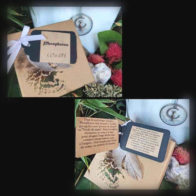 Chaque collier Phosphoros est livré dans un écrin élégant, accompagné d’une carte d’identification numérotée et d’une carte de lithothérapie, pour découvrir les vertus et l’énergie qui animent ces créations uniques.