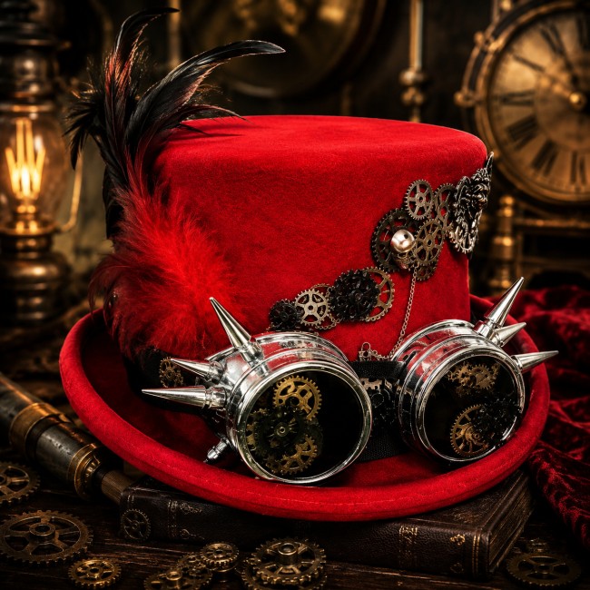 Chapeau steampunk rouge gothique – Dr Jekyll dans un univers victorien Chapeau steampunk rouge gothique avec lunettes mécaniques et plumes dans une ambiance victorienne sombre.
