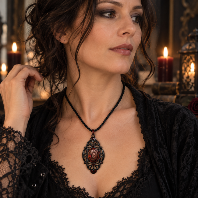 Porté, le collier gothique révèle toute sa présence. Cette pièce unique artisanale possède un cordon permettant une fermeture ajustable, pour adapter le porté selon les envies.