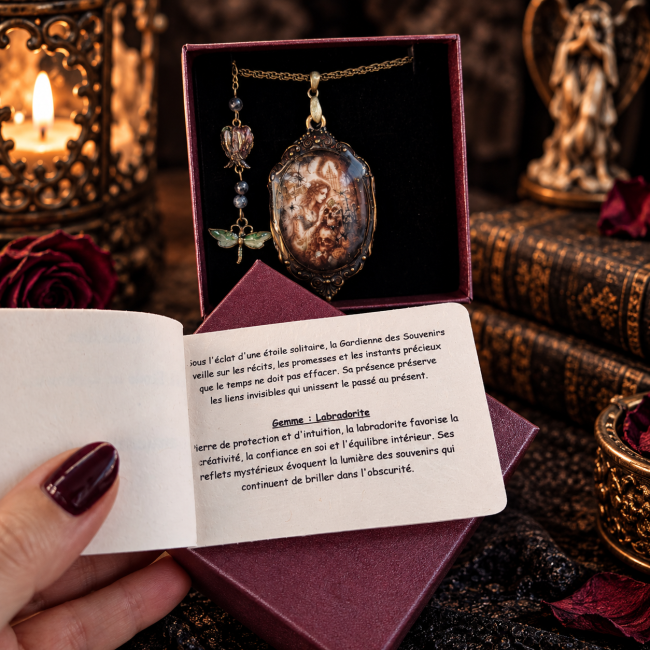 La Gardienne des Souvenirs, bijou gothique artisanal dans son écrin avec carte Gemme et fermeture ajustable