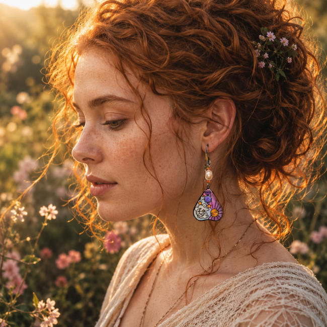 Femme rousse aux cheveux bouclés portant les boucles d’oreilles Beltane de la collection Les Roues du Temps dans une ambiance mystique lumineuse de printemps.