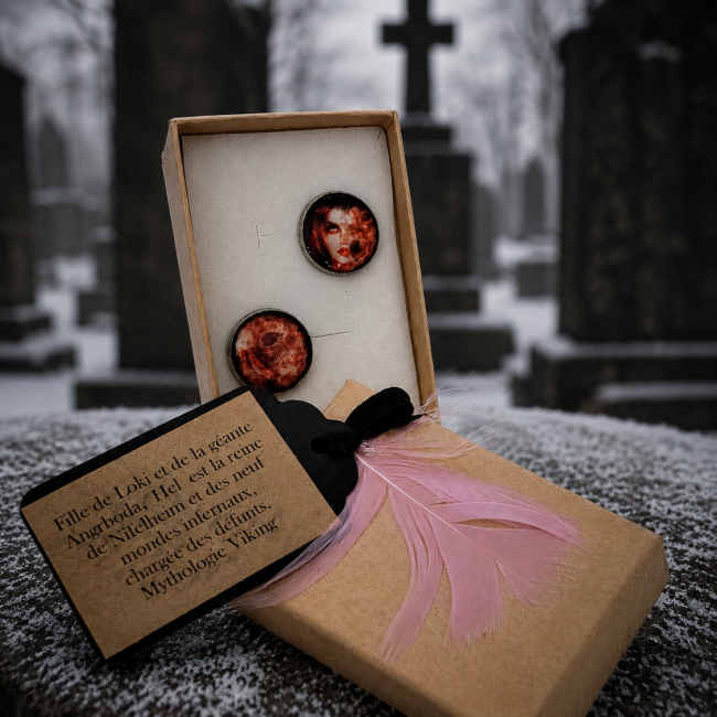 Coffret boucles d’oreilles Les Hell – Bijou gothique artisanal et mythologie vikin Présentation des boucles d’oreilles “Les Hell” dans leur écrin artisanal avec carte inspirée de la mythologie nordique. Univers gothique élégant, ambiance hivernale mystérieuse.