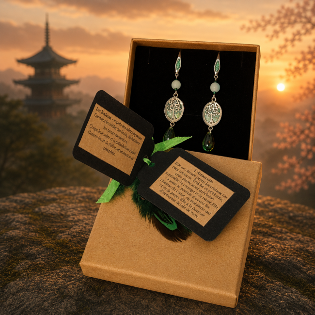 Coffret artisanal Kodama « La Sève Lunaire » accompagné de cartes symboliques autour des Kodama et de l’amazonite. Univers japonais mystique, lumière douce et présentation poétique.