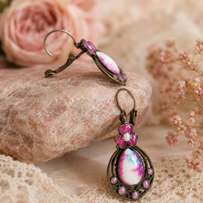 Vue de profil des boucles d'oreilles Les Pétales d'Aurore avec fermoir dormeuse en laiton.