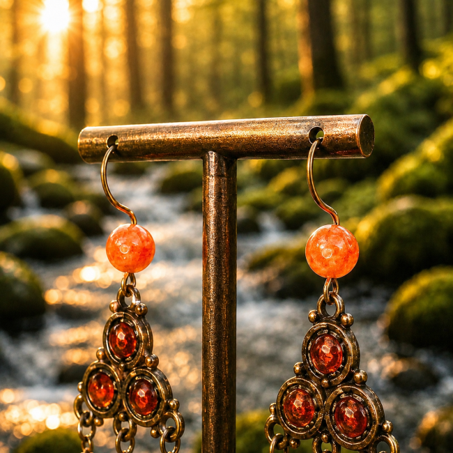 Détail rapproché des boucles d’oreilles Le Veilleur des Runes, collection Hrafnseiðr. Les spirales nordiques, les chaînes bronze et les perles orange craquelées brillent sous une lumière douce inspirée des forêts anciennes scandinaves.