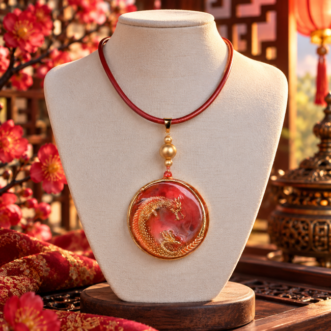 Collier artisanal Ao Chin avec dragon doré et médaillon en camaïeu de orange vif et de rose émaillé en transparence, collection Dragons des Mers