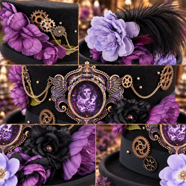 Chapeau Mina – Détails des ornements cousus à l’aiguille Détails du chapeau Mina montrant les fleurs, engrenages, chaînes et ornements cousus à l’aiguille