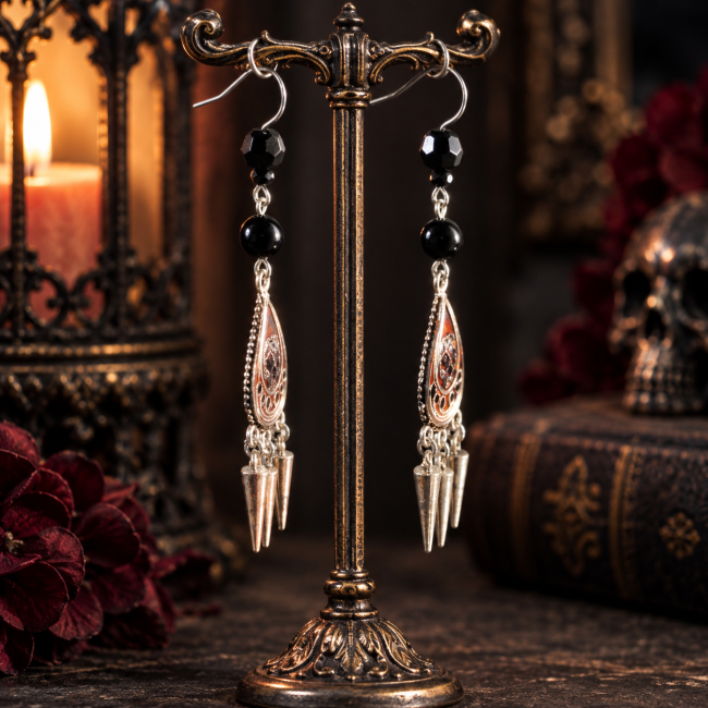 L’Épine d’Obsidienne – Boucles d’oreilles gothiques en pièce unique Boucles d’oreilles gothiques L’Épine d’Obsidienne sur présentoir, création artisanale en pièce unique avec obsidienne noire et émail