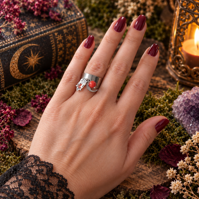 Bague femme La Chouette à la Lune Rouge portée sur la main dans un décor mystique
