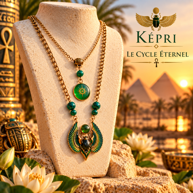 Collier Le Cycle Éternel – Collection Khepri Collier artisanal Le Cycle Éternel, collection Khepri, inspiré de l'Égypte ancienne, avec scarabée ailé, émaillage vert, chaînes dorées et chrysocolle.