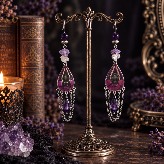 Vue arrière des boucles d’oreilles gothiques La Toile de Clotho révélant la transparence de la suspension