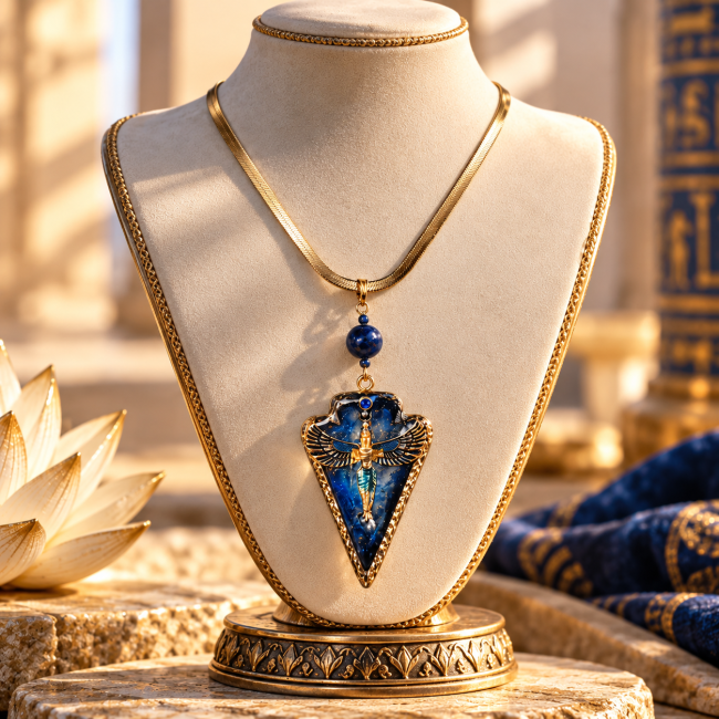 Collier Le Souffle du Ciel en lapis-lazuli, collection Isis Collier Le Souffle du Ciel porté sur un buste, avec chaîne dorée, perles de lapis-lazuli et pendentif inspiré d’Isis.