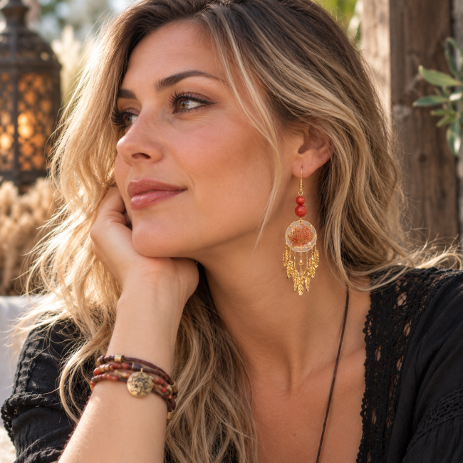Boucle d’oreille Le Lotus d’Ambre portée Le Lotus d’Ambre porté, une création artisanale en cornaline aux accents bohème chic, imaginée par Les Fantaisies d’A.