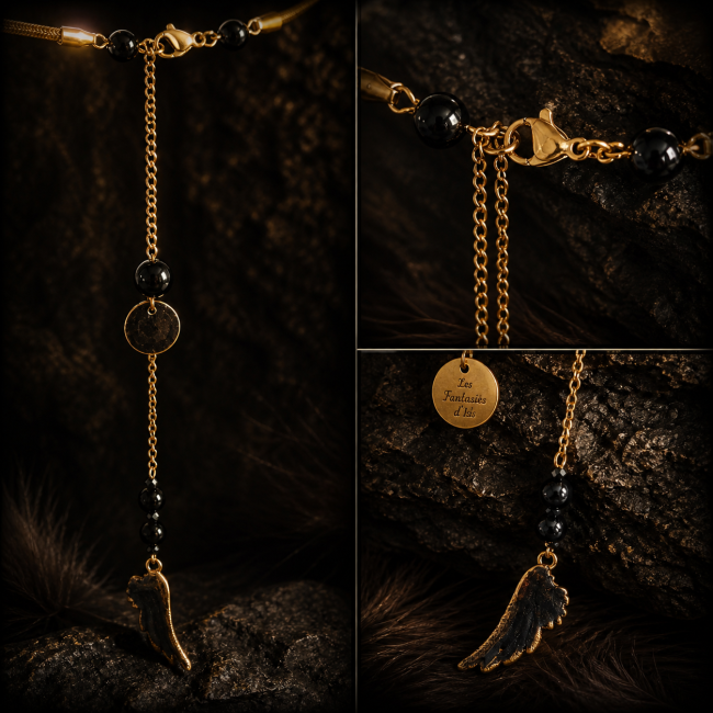 Vue détaillée du fermoir et des finitions du collier Isis Voile du Mystère en acier inoxydable doré et obsidienne noire, inspiré de l’Égypte ancienne.