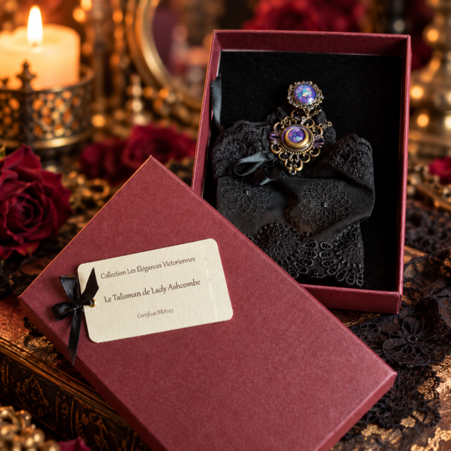 Écrin du Talisman de Lady Ashcombe contenant la manchette victorienne en dentelle noire et laiton vieilli avec sa carte d'identification