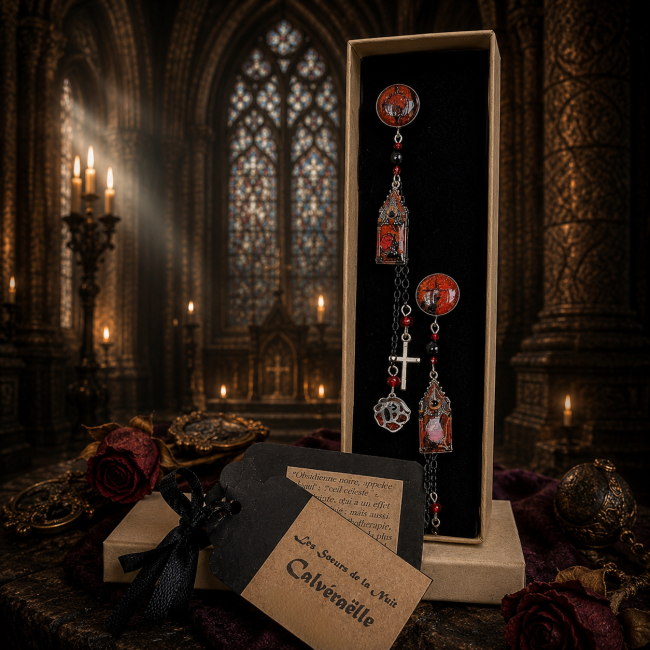 Calvéraëlle – Boucles d’oreilles gothiques dans leur écrin Les Sœurs de la Nuit Présentée dans un écrin cérémoniel accompagné de textes ésotériques et de roses fanées, Calvéraëlle plonge dans un univers dark fantasy raffiné.