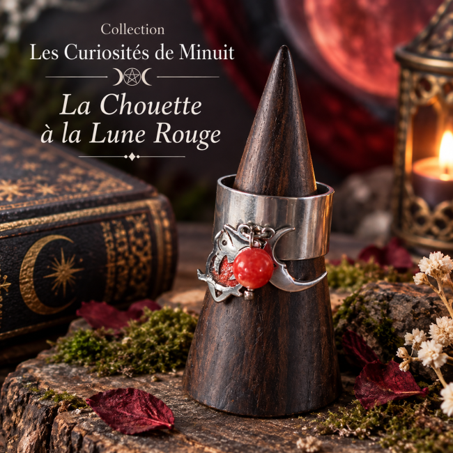 Bague femme en acier inoxydable avec chouette, lune et perle rouge, collection Les Curiosités de Minuit