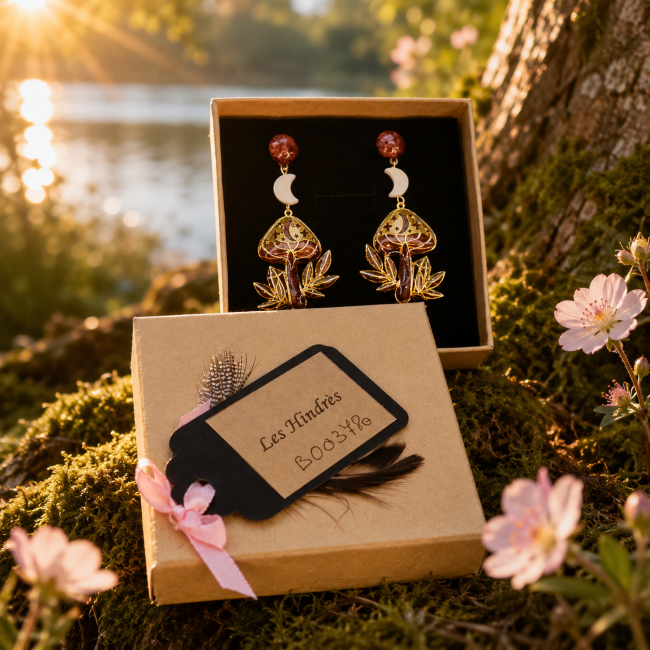 Boucles d’oreilles L’Éclat des Fées présentées dans leur écrin, création artisanale de la collection Les Hindrès
