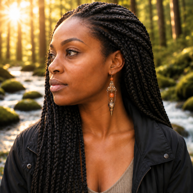 Le Veilleur des Runes, collection Hrafnseiðr : des boucles d’oreilles longues artisanales inspirées des légendes nordiques. Portées en lumière dorée au cœur d’une forêt mystique, elles révèlent leurs perles orangées, leurs chaînes bronze et leur silhouett