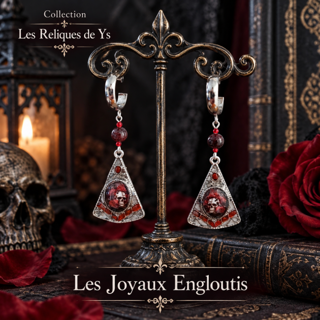 Boucles d’oreilles gothiques Les Joyaux Engloutis avec grenat et émaillage artisanal à la main en transparence