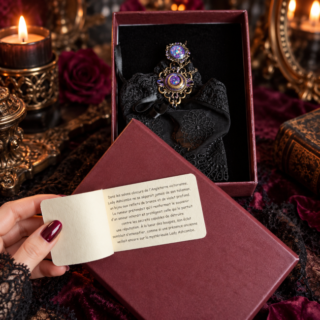Le Talisman de Lady Ashcombe présenté dans son écrin bordeaux avec sa manchette en guipure noire, son ornement victorien et sa carte d'histoire