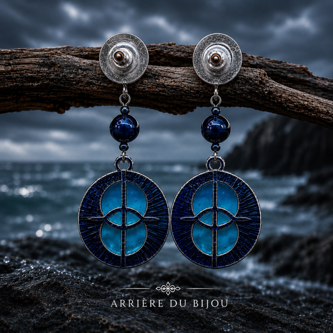 Vue arrière des boucles d'oreilles Njörd – Émaillage bleu transparent Découvrez l'arrière des boucles d'oreilles Njörd. Leur émaillage bleu transparent laisse subtilement passer la lumière à travers le pendentif, révélant toute la finesse du travail artisanal et la profondeur des teintes océaniques.