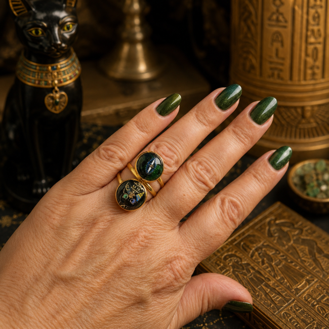 ’Émeraude des Deux Rives portée, une bague double aux cabochons émaillés à la main, présentée dans une ambiance égyptienne mystérieuse avec des accents dorés, bleus et verts.