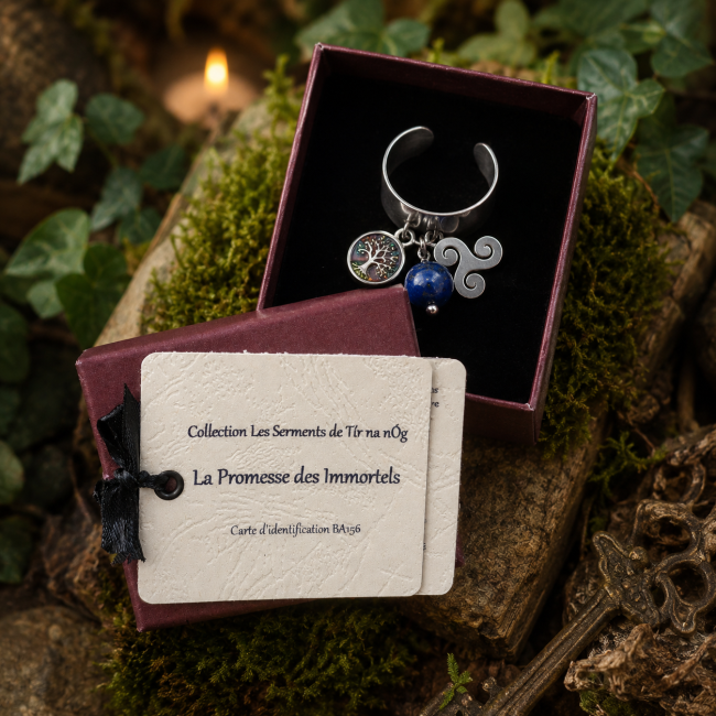 Bague La Promesse des Immortels avec écrin – Chrysocolle Une bague artisanale inspirée de Tír na nÓg, ornée d’une chrysocolle et accompagnée de son écrin et de sa carte d’identification.