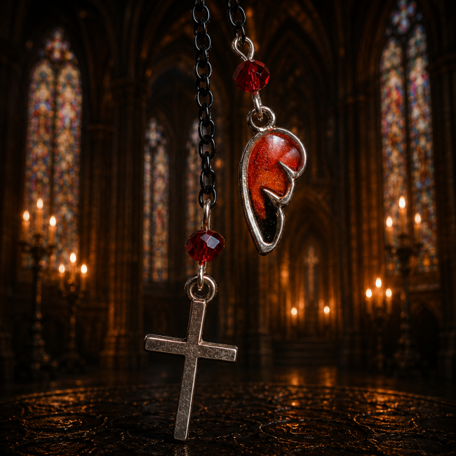 detail croix gothique aile rouge Calvéraëlle boucles doreilles longues jpg Une composition suspendue entre symbole sacré et fragment d’aile nocturne, signature emblématique de l’univers Calvéraëlle.