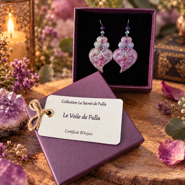 Le Voile de Fulla, pièce unique d’artisanat d’art, est présenté dans son écrin avec sa carte d’identification et son certificat d’authenticité numéroté.