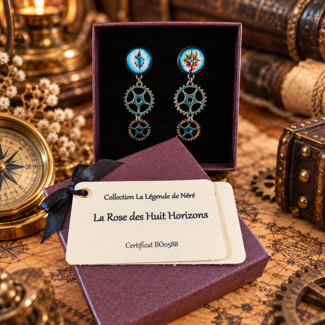 Détail des boucles d’oreilles artisanales La Rose des Huit Horizons avec engrenages et cabochons nautiques