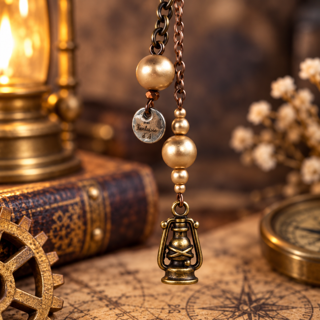 Vue arrière du Cœur de la Licorne révélant la composition décorative prolongée par une petite lanterne, des perles métalliques et une chaîne. Chaque détail participe à l’univers steampunk fantastique de cette pièce unique.